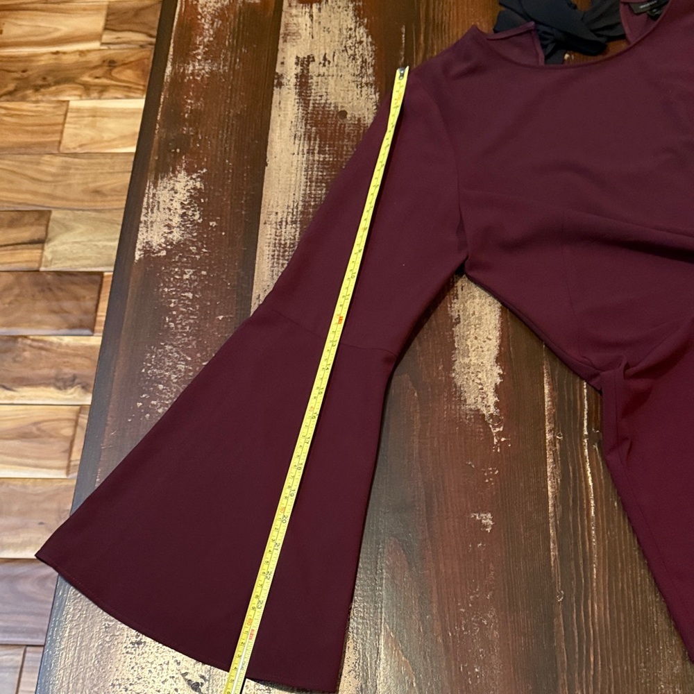 Halogen Burgundy Bell Sleeve Blouse with Black Neck Tie - Picture 6 of 10